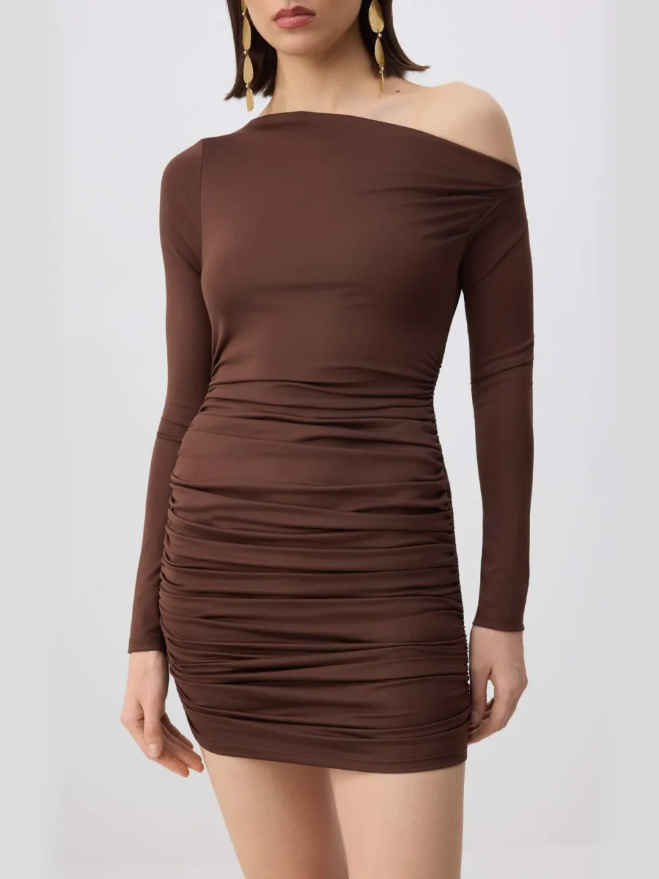 Trendyol TRENDYOLMİLLA Dames Bruin Effen Kort / Mini Lang Stijlvol/Avond Bodycon Jurken, foto 2