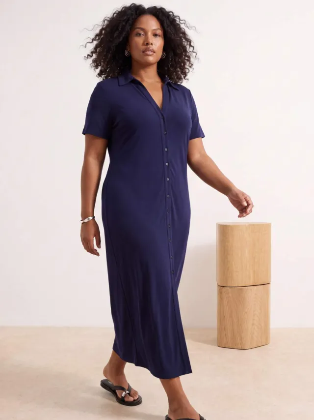 Trendyol Curve Dames Donkerblauw Effen Maxi Kort Recht Grote maten Jurk marineblauw/blauw, foto 2