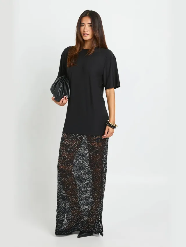 boohoo Dames Superzachte T-shirt Jurk Met Pailletten Kanten Zoom Zwart