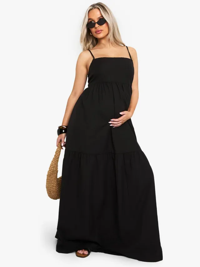 boohoo Dames MATERNITY TIERED LINEN LOOK STRAPPY MAXI DRESS Zwart