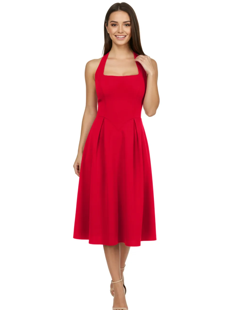 Trendyol TRENDYOLMİLLA Dames Rood Effen Midi Mouwloos Stijlvol/Avond Skater Jurken