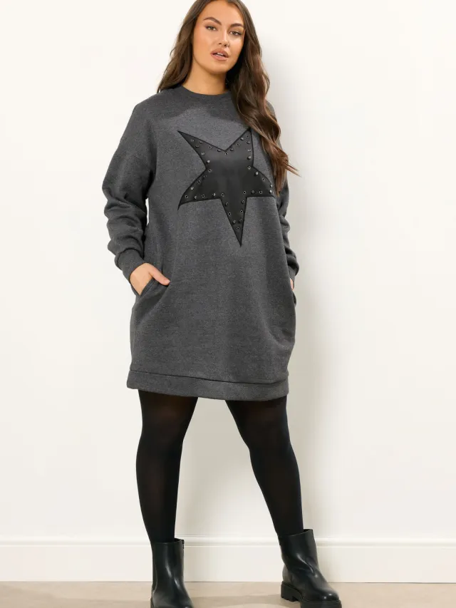 Yours Grijze Sweatshirtjurk Met Sterren En Oogjes-52 Grey