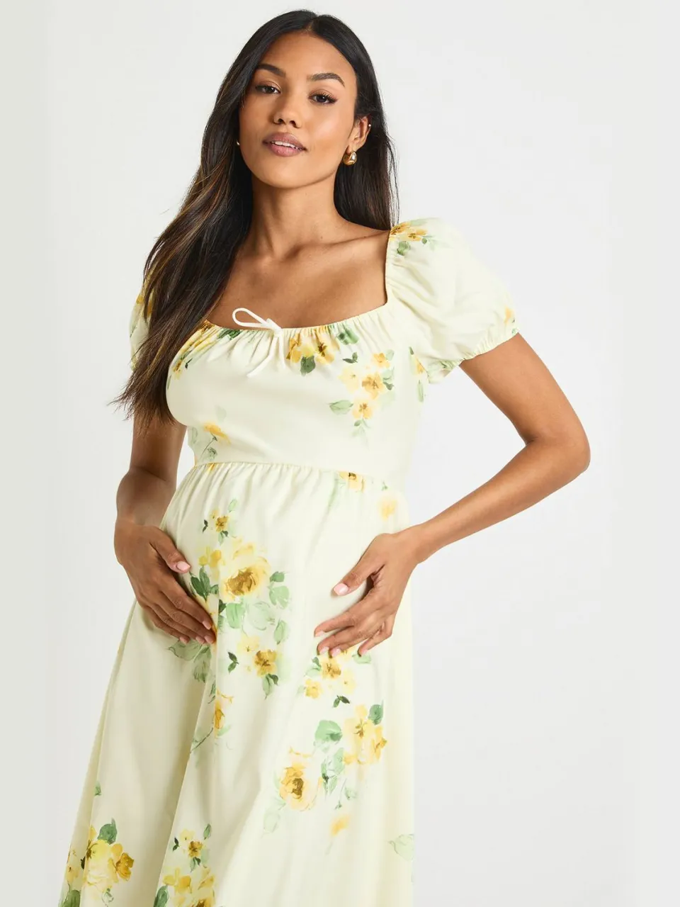 boohoo Dames zwangerschapsjurk met bloemenprint in melkmeesjestijl midi jurk citroen, foto 4