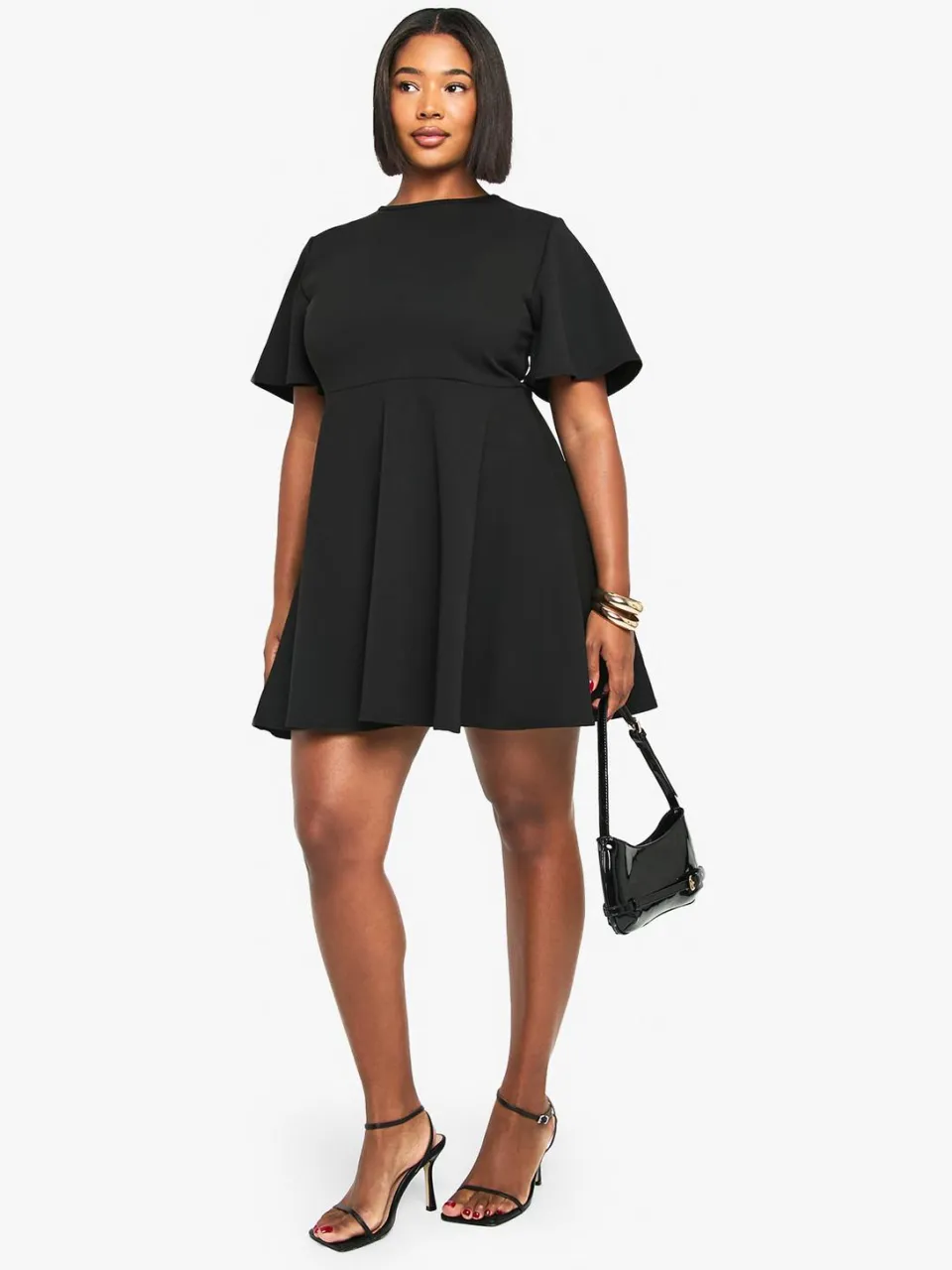 boohoo Dames Plus geplooide skaterjurk met engelenmouw zwart, foto 2