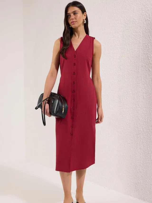 Trendyol TRENDYOLMİLLA Dames Bordeaux Effen Midi Mouwloos Casual Blousejurk Jurken Rood