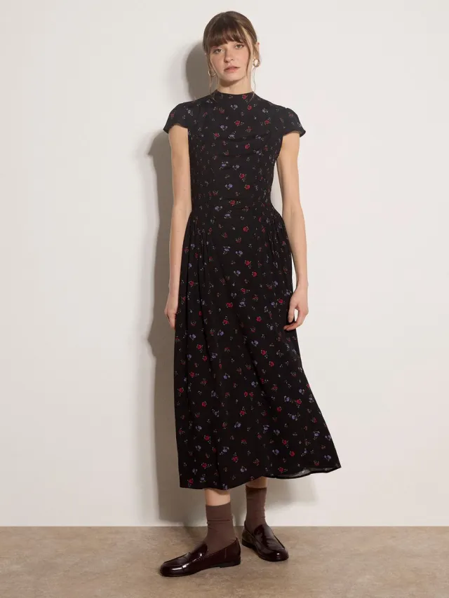 Apricot Midi-jurk van crêpe met bloemenprint en smockwerk zwart