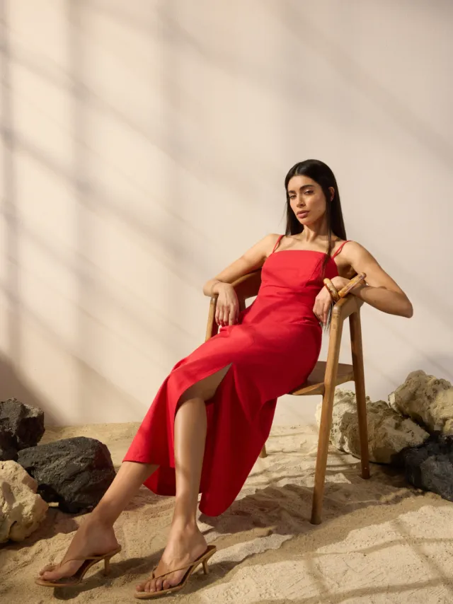 Trendyol TRENDYOLMİLLA Dames Rood Effen Maxi Mouwloos Casual A-lijn Jurken