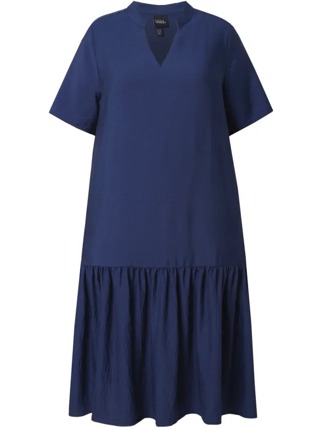 Ulla Popken Dames - Midi-jurk volantzoom A-lijn V-hals korte mouw - Universum - Maat 46+