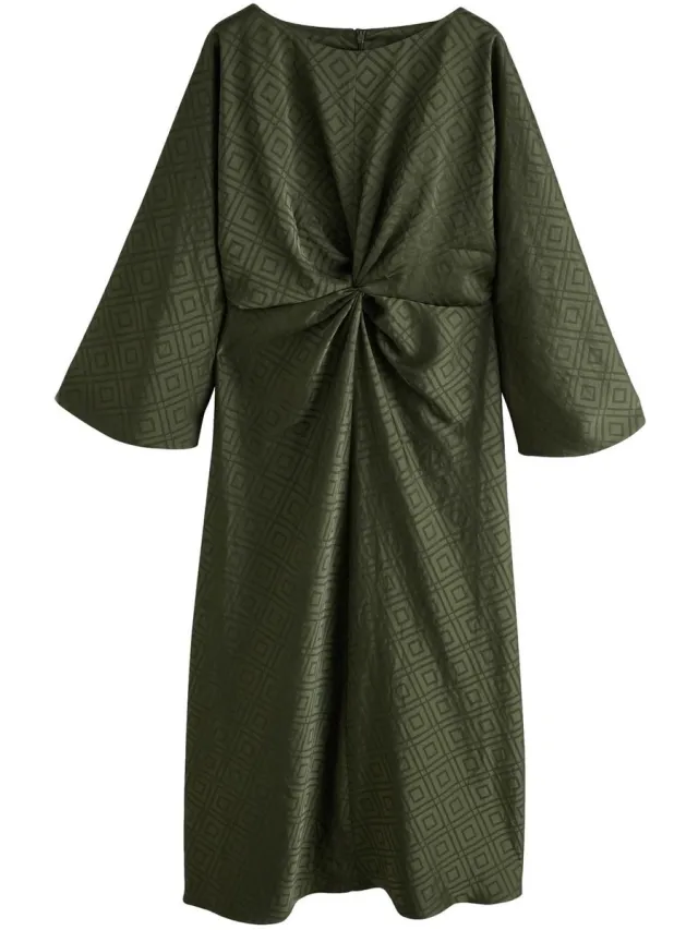 Next Dames - Maxi-jurk van satijn met gedraaide voorkant en lange mouwen - Bruin Green Jaquard