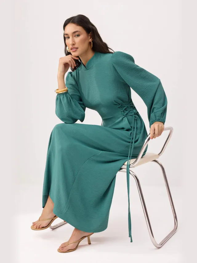 Trendyol Modest Dames Blauw Effen Maxi Lang Casual A-lijn Modest Jurken Groen