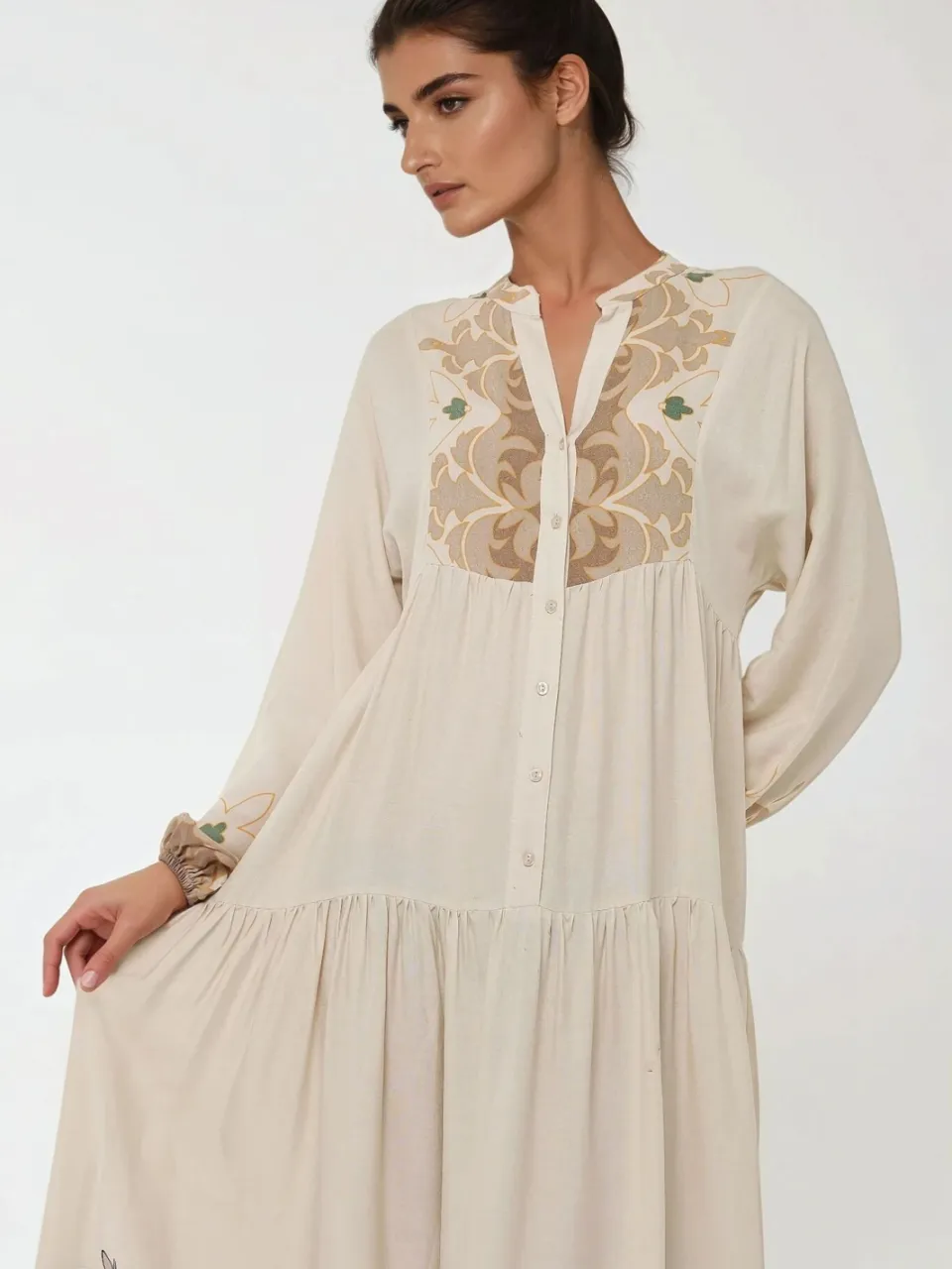 Hiccup Geprinte Lange Mouw Viscose Maxi Jurk beige, foto 2