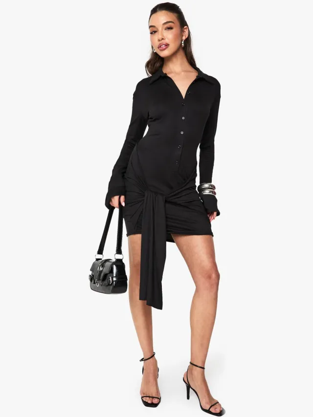 boohoo Dames Button Down Drape Mini Jurk Zwart