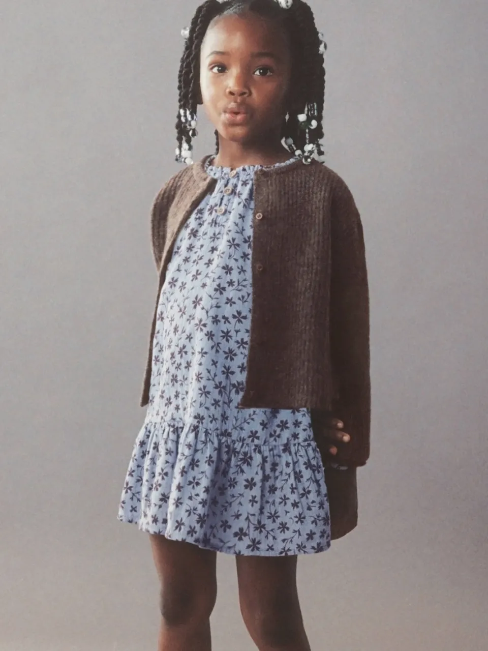 Mango Kids korte jurk met ruches en bloemenprint lichtblauw Lichtblauw/bruin