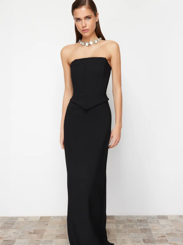 Trendyol TRENDYOLMİLLA Dames Zwart Effen Maxi Mouwloos Diploma-uitreiking / Gala Recht Avond & Gala Jurk