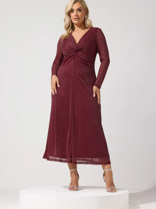 Yours London Rode Metallic Maxijurk Met Knoop Red