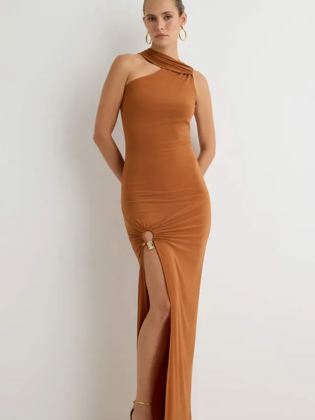 Trendyol TRENDYOLMİLLA Dames Bruin Effen Maxi Mouwloos Recht Avond & Gala Jurk
