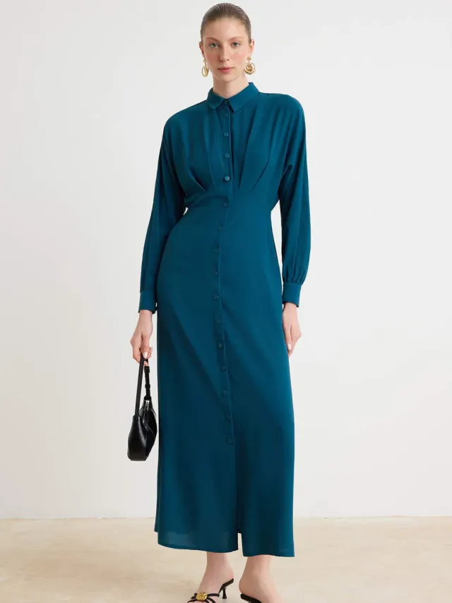 Trendyol Modest Dames Blauw Effen Maxi Lang Casual Blousejurk Modest Jurken Groen