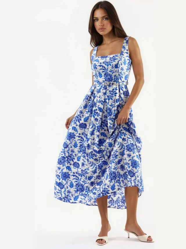 Busem Bloemen Midi-jurk met Vierkante Kraag Wit