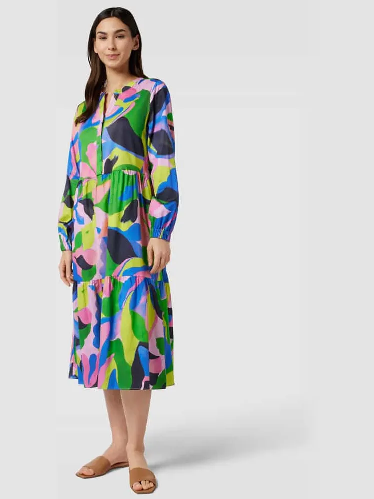 Smith and Soul Midi-jurk met all-over motief, model 'Open Constructed Volant' groen, foto 4
