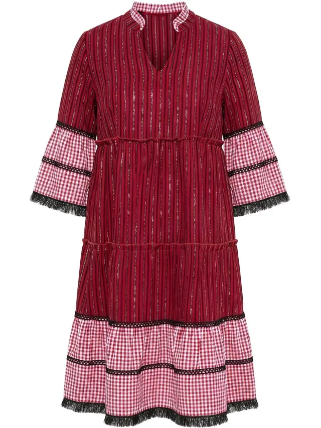 Angel of Style Dames - Maxi-jurk jacquardmix 3/4-mouwen - Donkerrood