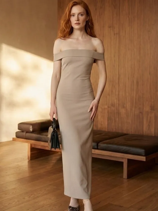 MyFashion Off-shoulder bodycon maxi jurk met split Beige