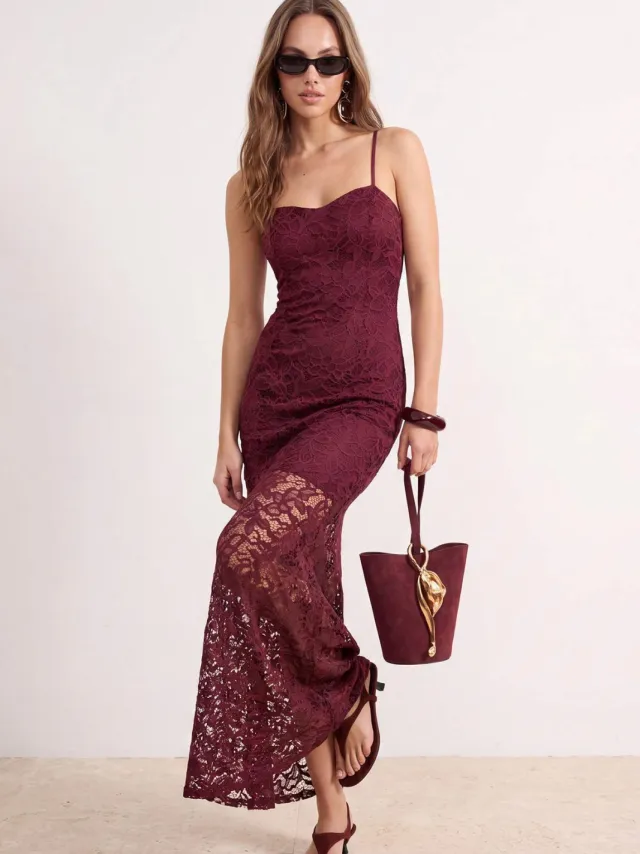 Trendyol TRENDYOLMİLLA Dames Bordeaux Effen Maxi Mouwloos Zeemeermin Avond & Gala Jurk Bordeauxrood