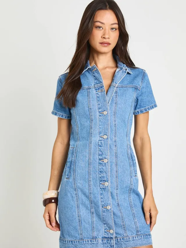 boohoo Dames Tall Western Denim Mini-jurk Met Korte Mouwen Medium Blauw