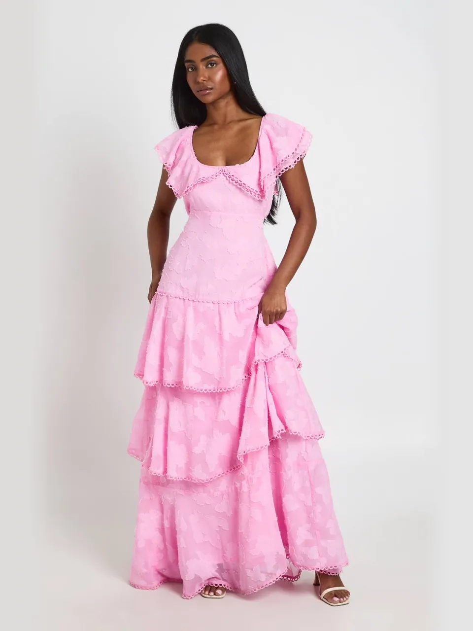 boohoo Dames Gelegenheids Burnout Open Rug Ruche Detail Maxi Jurk pastelroze, foto 3