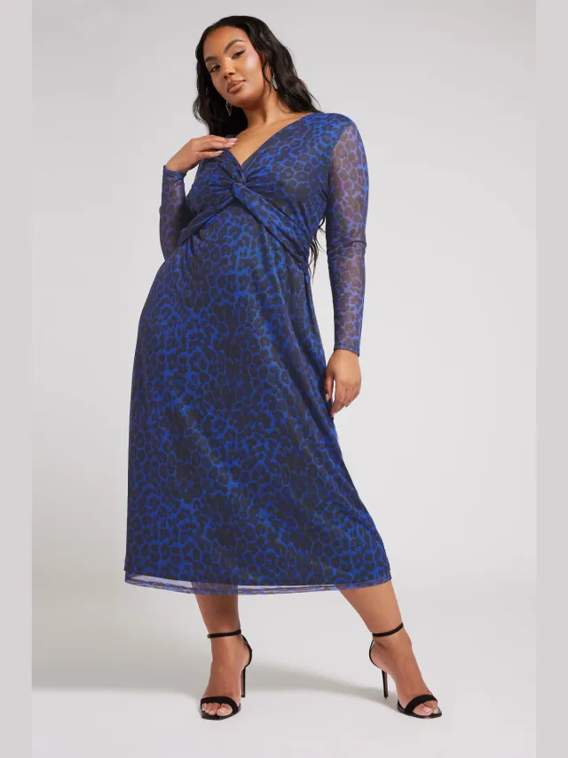 Yours London Midaxijurk Van Mesh Met Dierenprint In Blauw/Zwart Blue