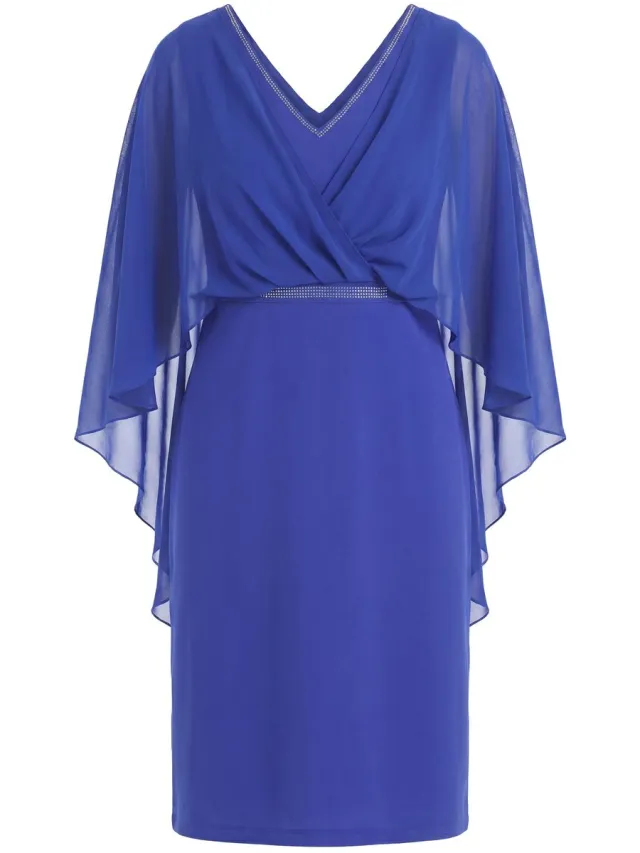 Ulla Popken Dames - Midi-jurk chiffon overlay V-hals 3/4-mouwen - Capriblauw - Maat 58+