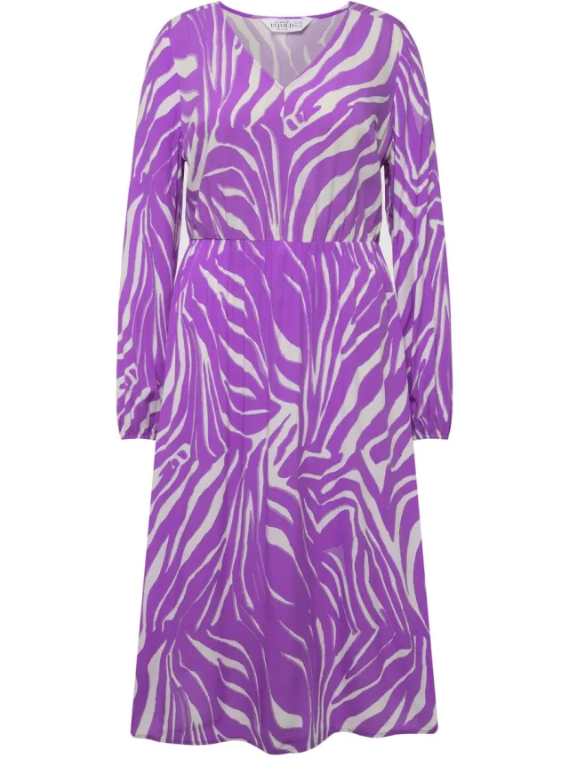 Studio Untold Dames - Midi-jurk A-lijn zebraprint V-hals lange mouwen - Lavendel - Maat 54+