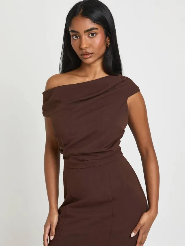 boohoo Dames Linnen Look Gestructureerde Off Shoulder Mini-jurk Chocoladebruin