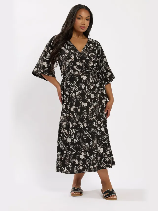 Yours Midaxi Wikkeljurk Met Paisleyprint En Kimonomouwen In Zwart Black