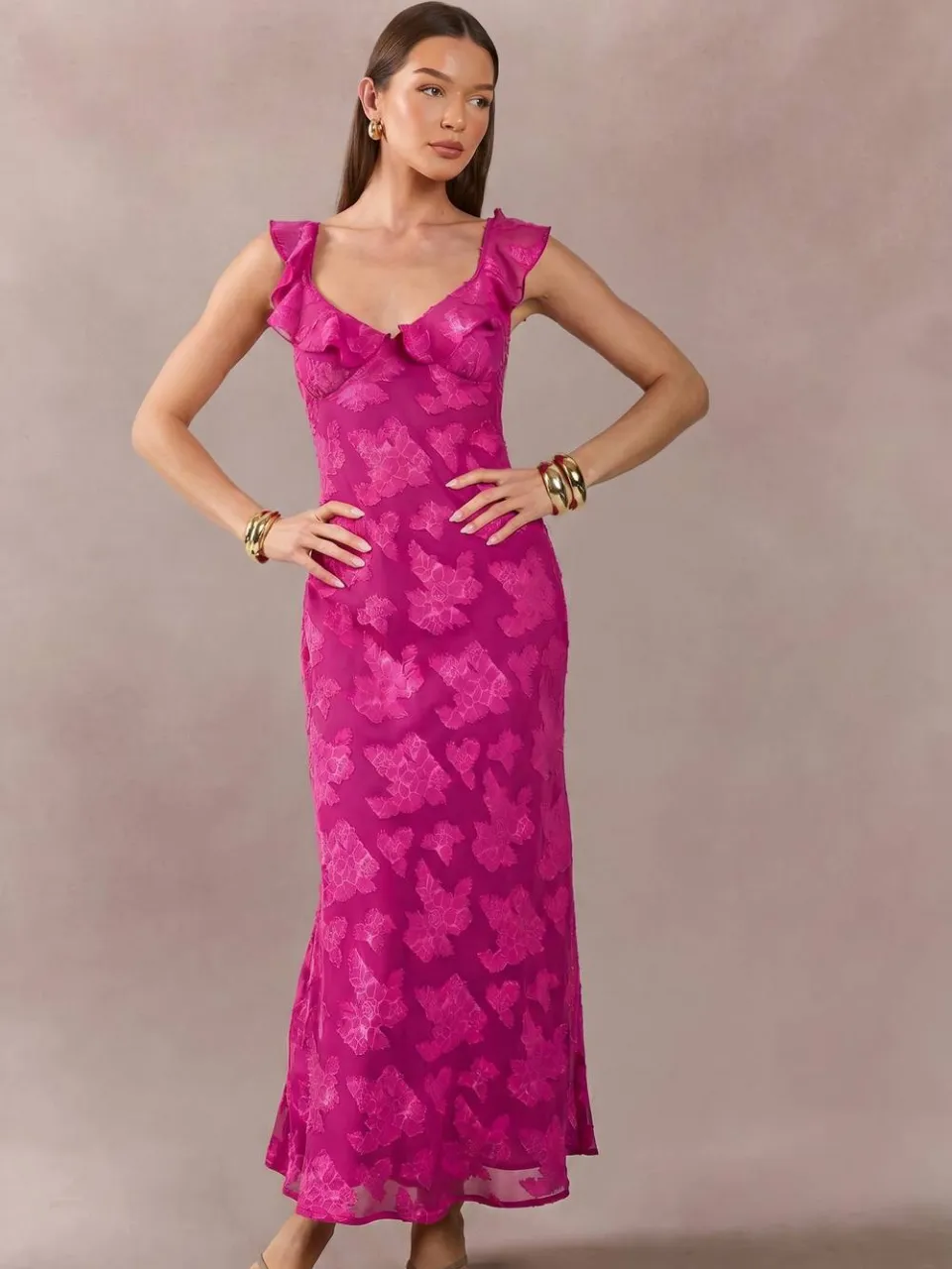 boohoo Dames Burnout Slip Jurk Met Ruches Bandjes felroze, foto 2