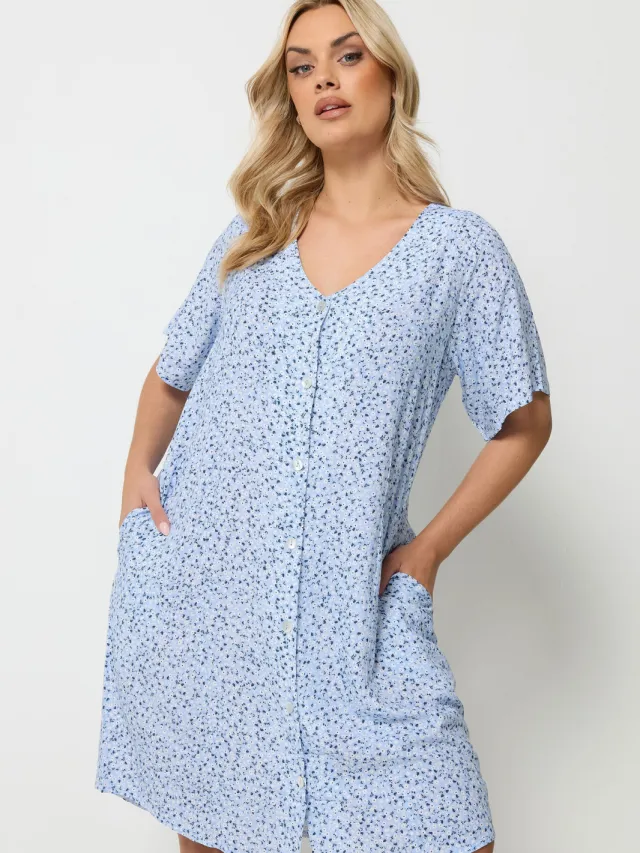 Yours Blauwe Tuniekjurk Met Bloemenprint En Knoopsluiting Blue