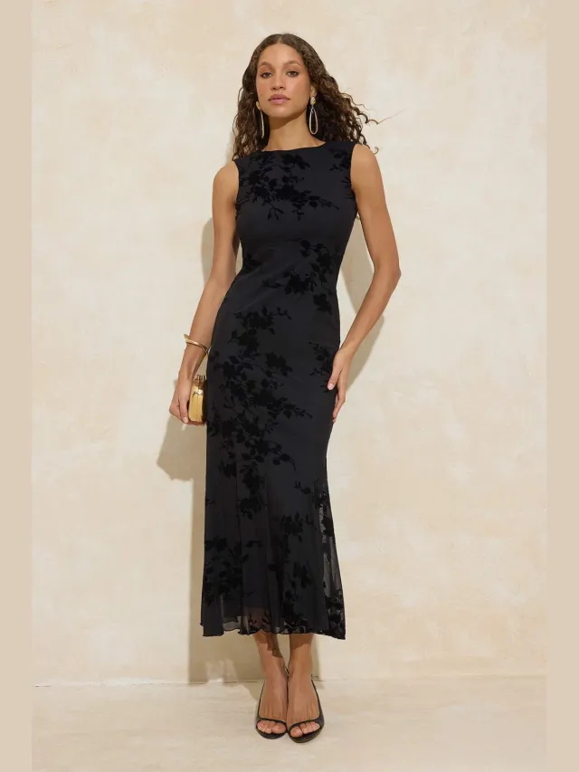 Trendyol TRENDYOLMİLLA Dames Zwart Bloemen Maxi Mouwloos Stijlvol/Avond Zeemeermin Jurken