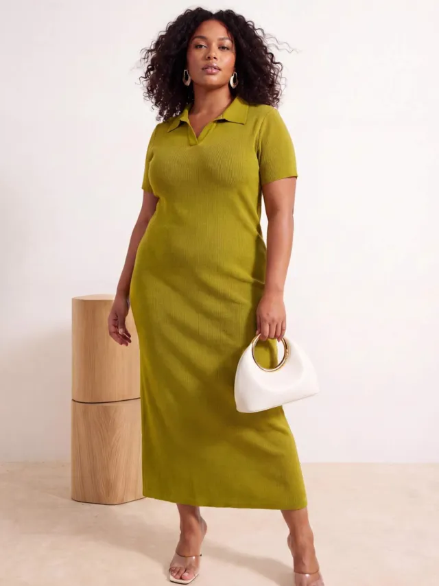 Trendyol Curve Dames Groen Effen Kort / Mini Kort Casual Recht Grote maten Jurk