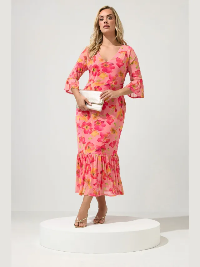 Yours London Roze Bloemen Mesh Gelaagde Jurk Pink