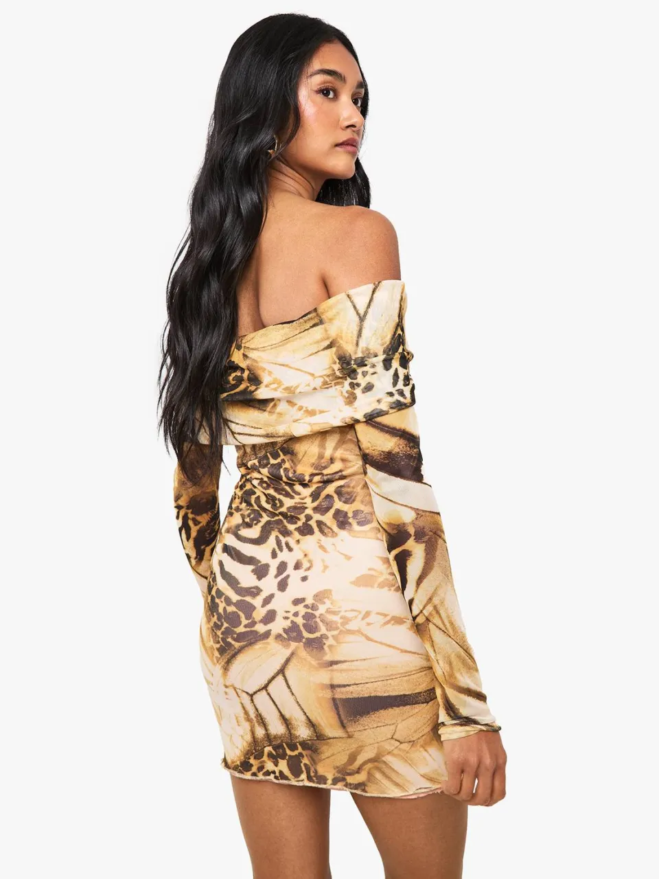 boohoo Dames Abstracte Mesh Twist-Front Bardot Mini-jurk bruin, foto 2