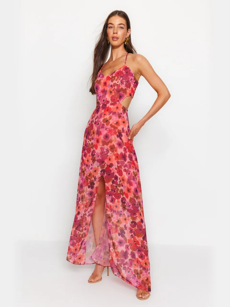 Trendyol TRENDYOLMİLLA Dames Roze Bloemen Maxi Mouwloos Avond / Dagelijks A-lijn Jurken Fuchsia