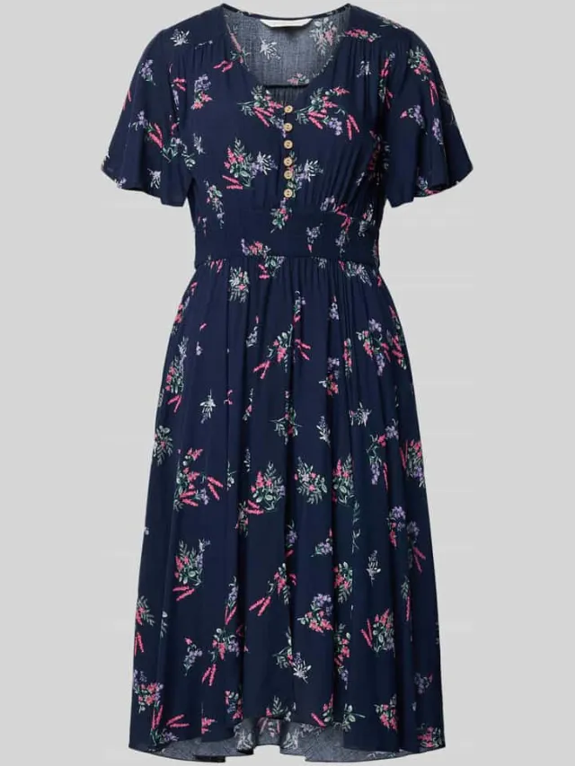Apricot Knie-lange jurk van viscose met V-hals marineblauw, foto 2