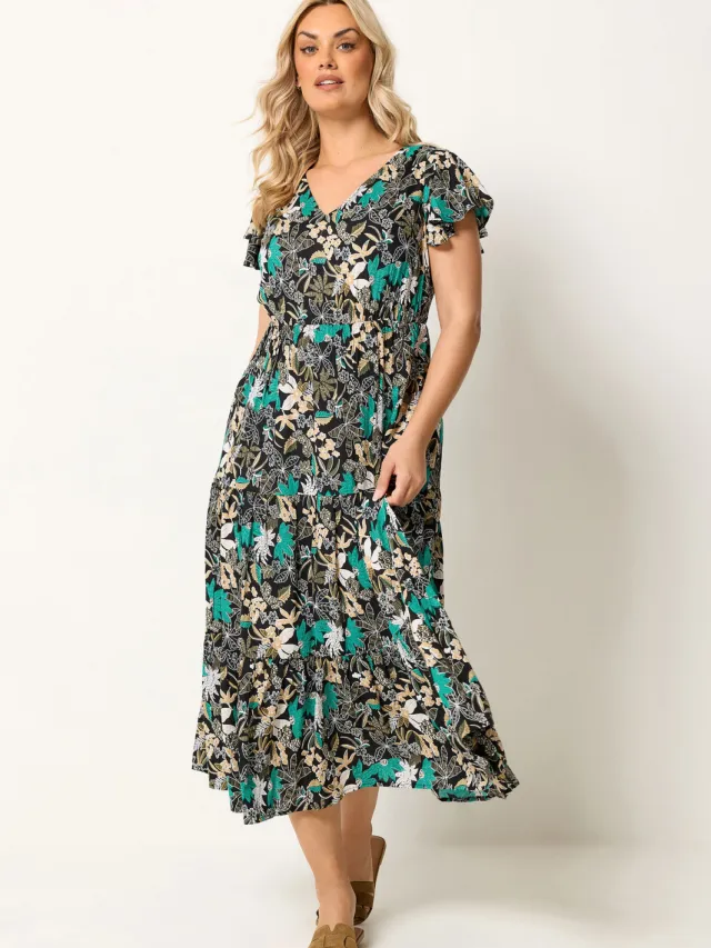 Yours Zwarte En Groene Bloemenprint Smockjurk Black