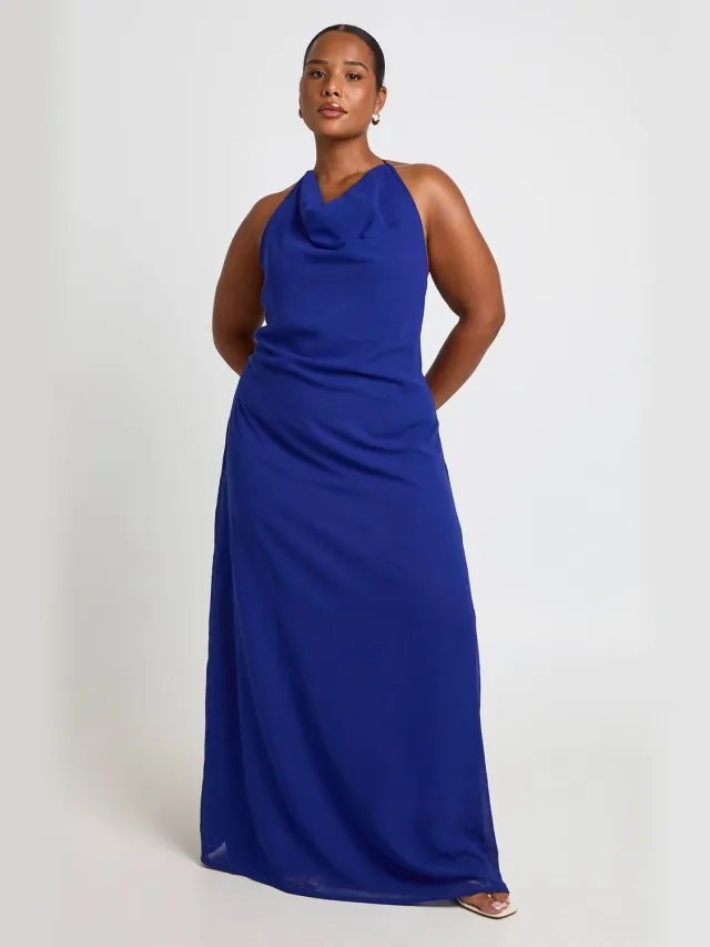 boohoo Dames Plus Hoge Col Open Rug Kralen Detail Maxi Jurk Kobaltblauw