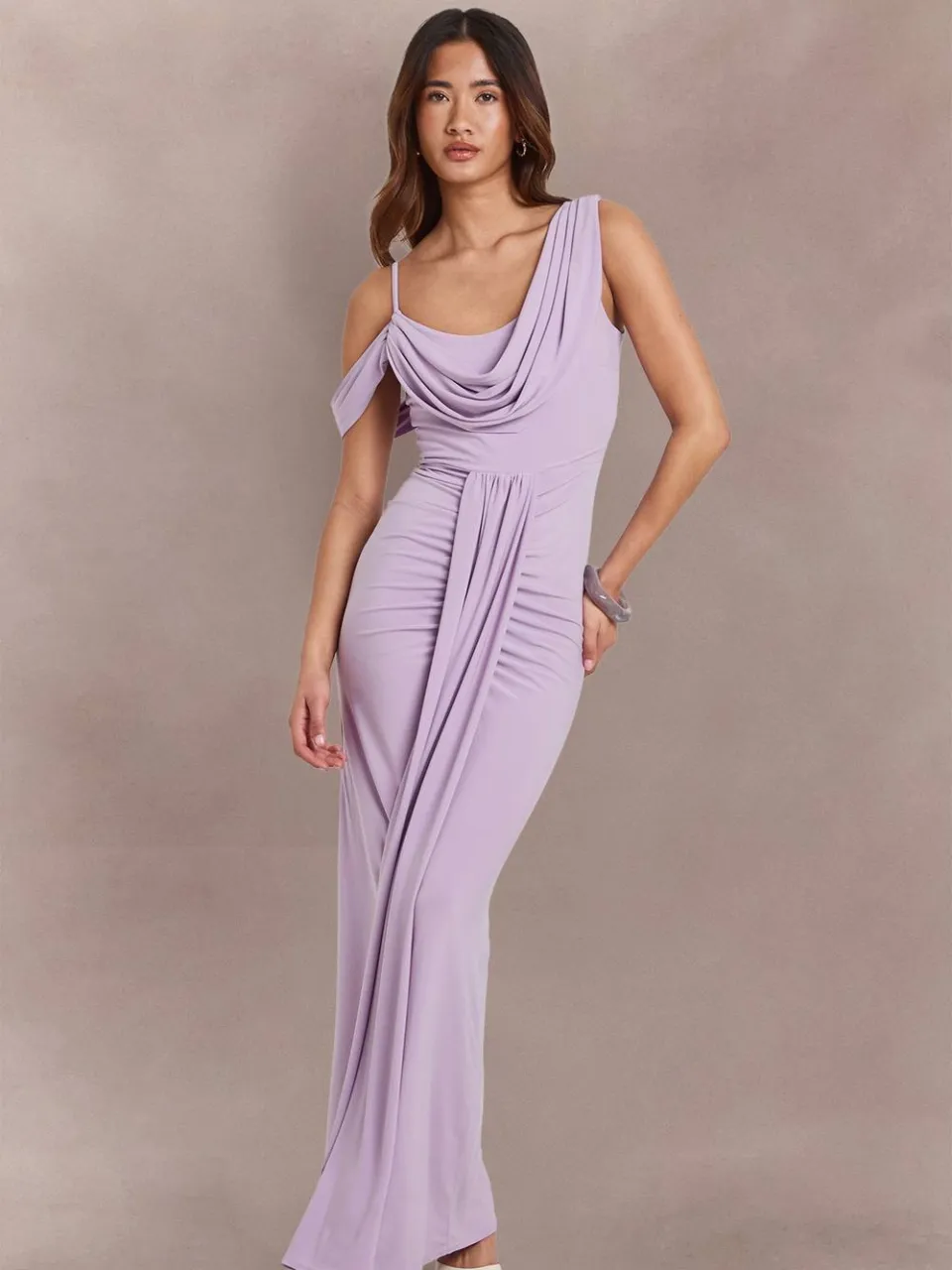 boohoo Dames Dubbele Laag Slinky Drape Voorkant Cold Shoulder Maxi Jurk lila, foto 2