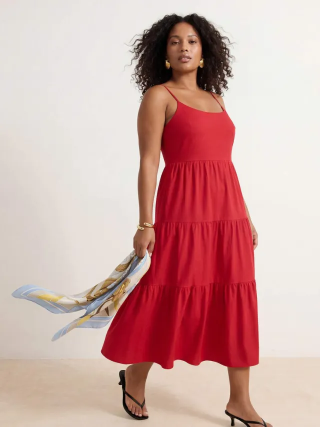 Trendyol Curve Dames Rood Effen Maxi Mouwloos Casual A-lijn Grote maten Jurk