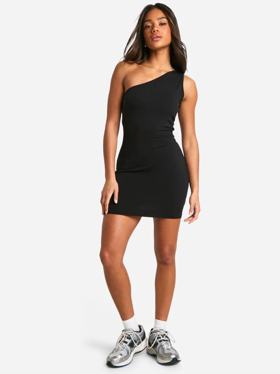 boohoo Dames Basic katoenen asymmetrische halslijn mini-jurk zwart, foto 2