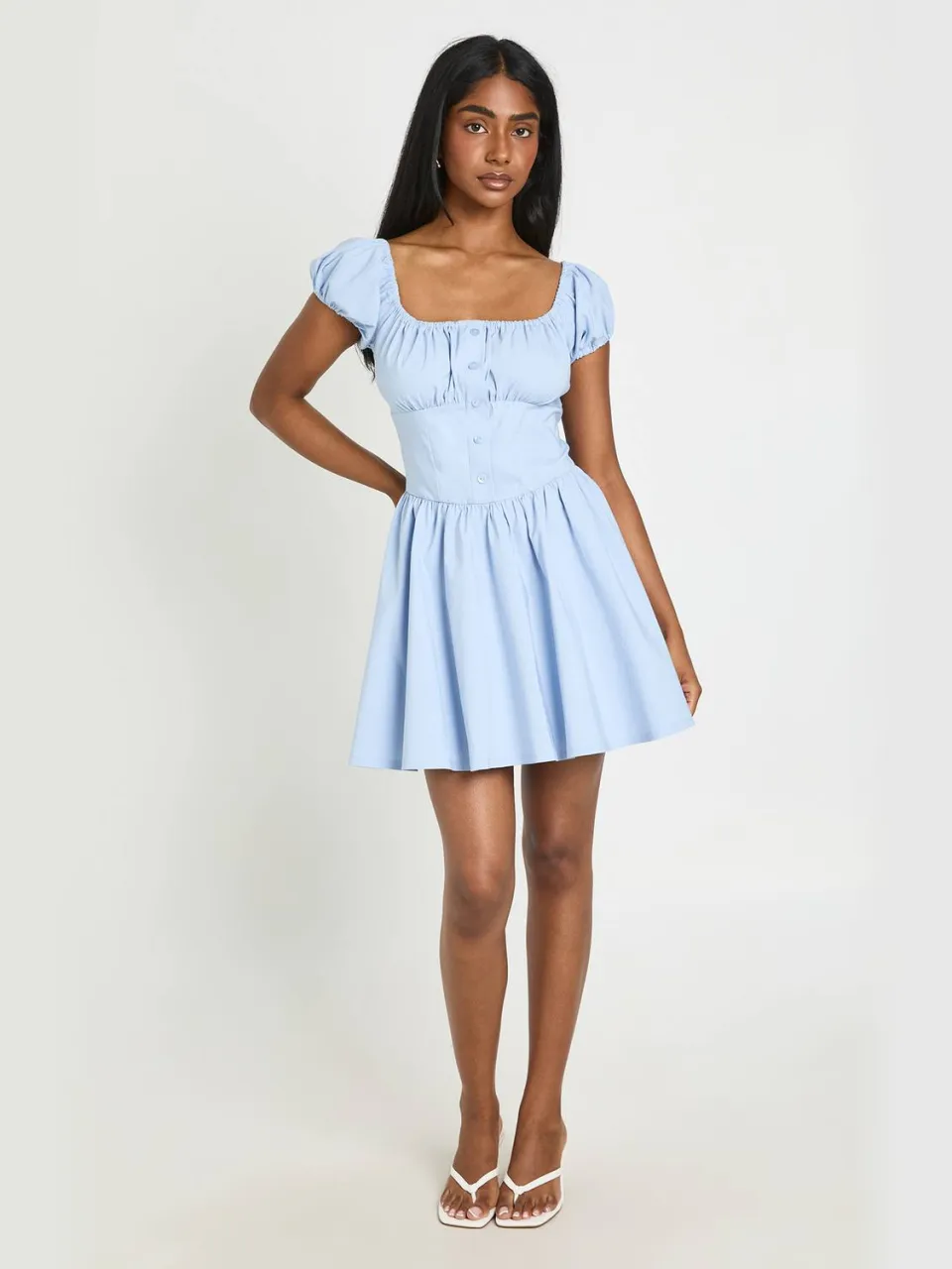 boohoo Dames Mini Jurk Met Volumemouwen En Melkmeisjeshals pastelblauw, foto 3