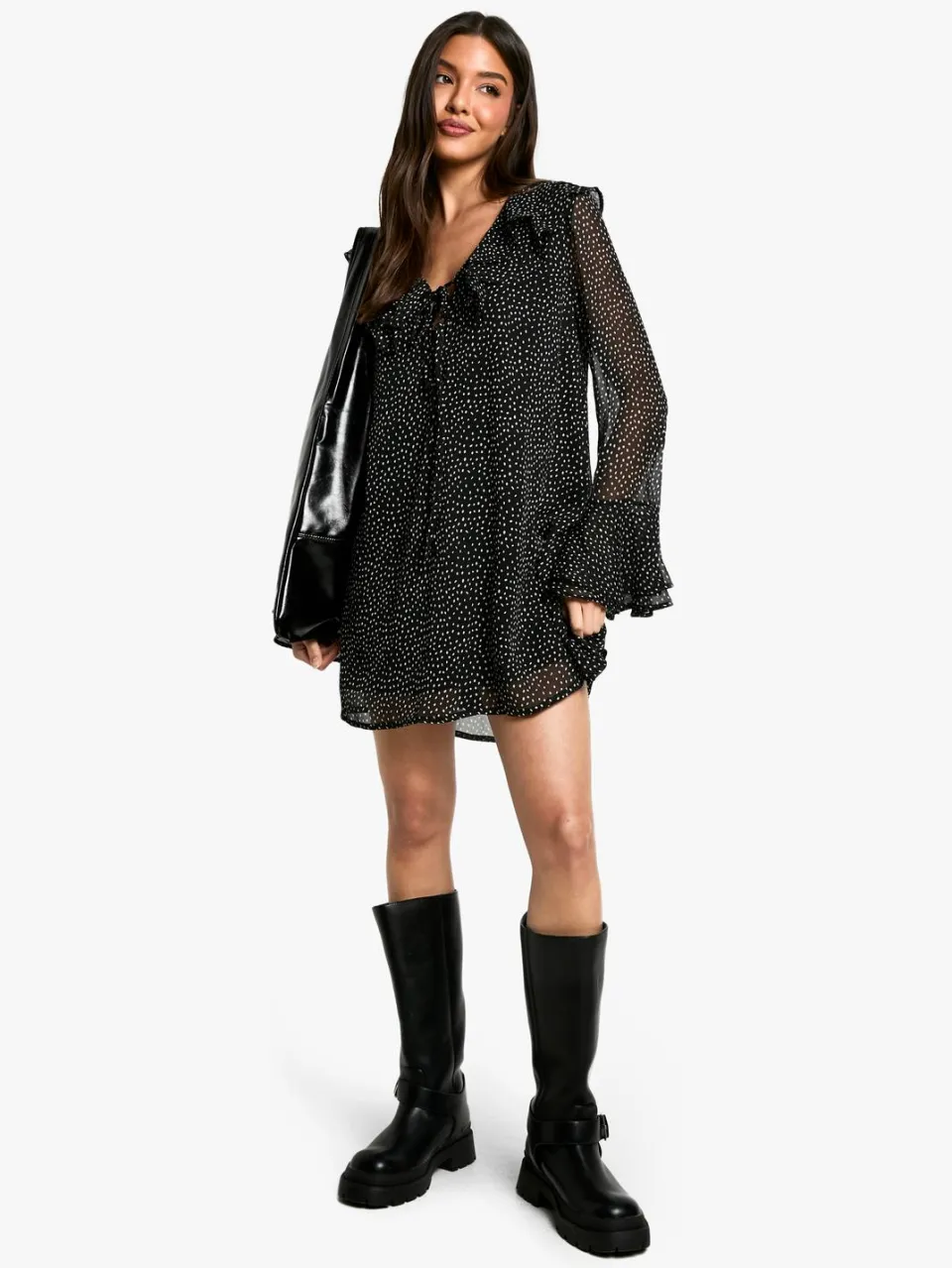 boohoo Dames Polkadot Ruffle Shift Mini-jurk zwart, foto 2