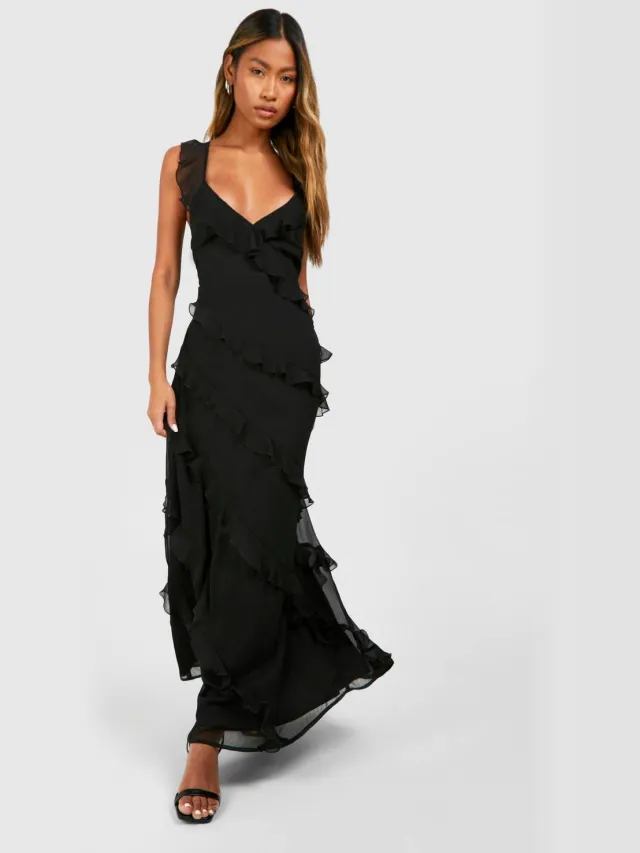 boohoo Dames Chiffon maxi-jurk met ruches en bandjes Zwart