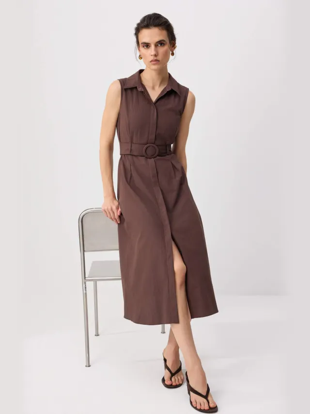 Trendyol TRENDYOLMİLLA Dames Bruin Effen Midi Mouwloos A-lijn Jurken, foto 2
